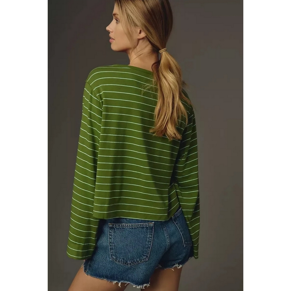 Anthropologie Green Striped Long Sleeve Top - Picture 3 of 5